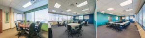 three small meeting room set up examples with 1. small round table 2. multiple work stations 3. u-shaped table layout